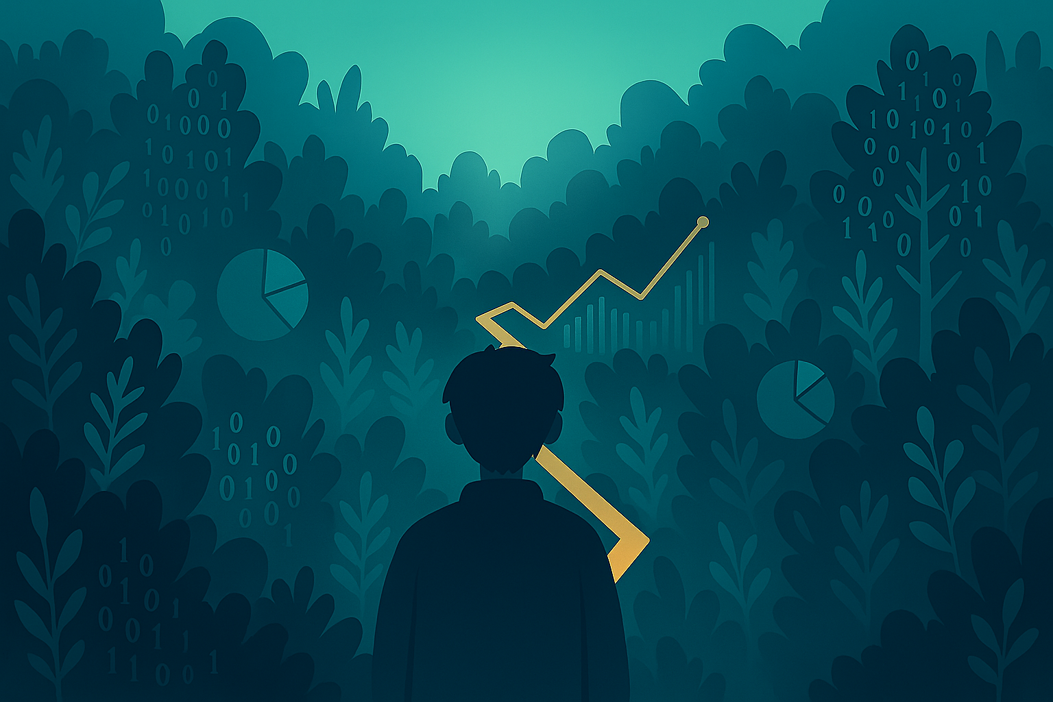 Illustration of the sensation of being lost when analysing data for the first time. We can help you find your way.